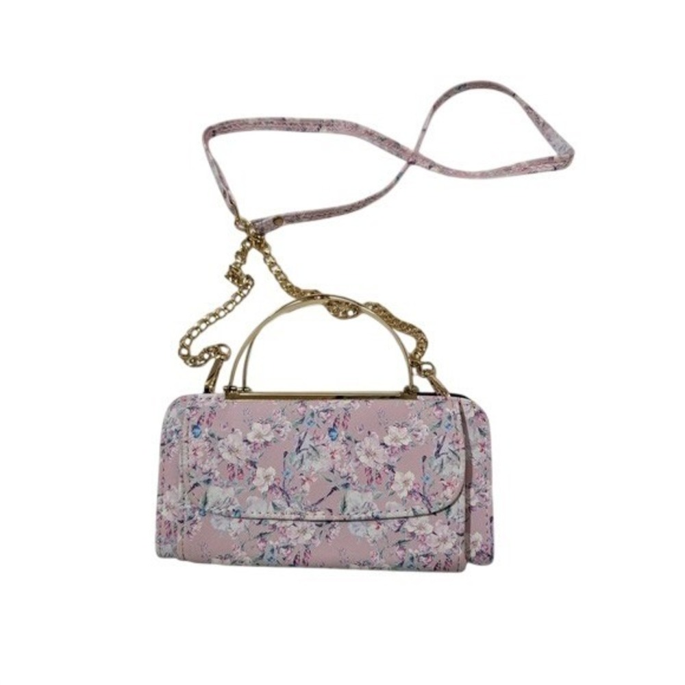 Pink Floral Crossbody Clutch Bag Gold Metal Handle Detachable Chain Strap